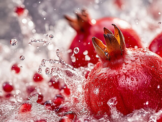 Composition with ripe pomegranate apple falling into water and lots of splashes. Drops of water splashing dynamically in different directions.
on pure white background. Studio photography.