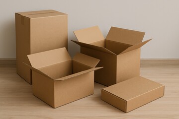 Variety of cardboard boxes on wooden floor for packing and shipping