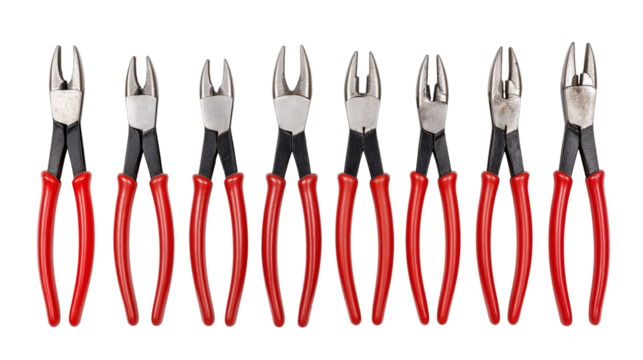 Set of professional cutting pliers with various styles and bright red handles  isolated on white transparent background