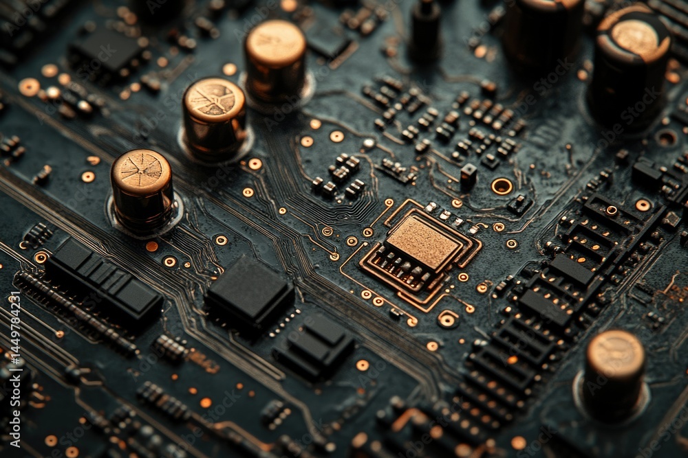 Poster Close-up view of a circuit board showcasing intricate electronic components and pathways.