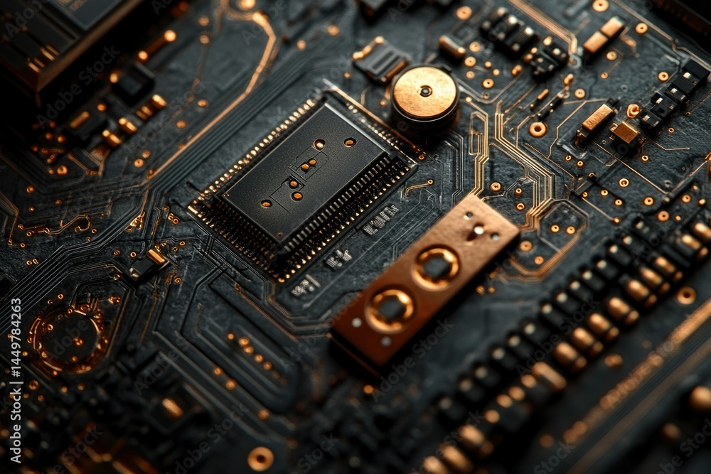 Poster Close-up of a circuit board showcasing intricate details of its electronic components and pathways.