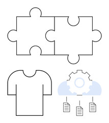 Linked puzzle pieces, gear in cloud with documents, and T-shirt outline. Ideal for teamwork, process integration, customization, problem-solving, design cloud tech innovation. Flat simple metaphor