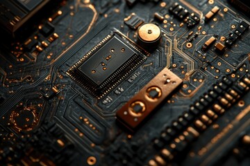 Obraz premium Close-up of a circuit board showcasing intricate details of its electronic components and pathways.