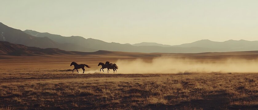 Wild horses running across open steppe with dust trail