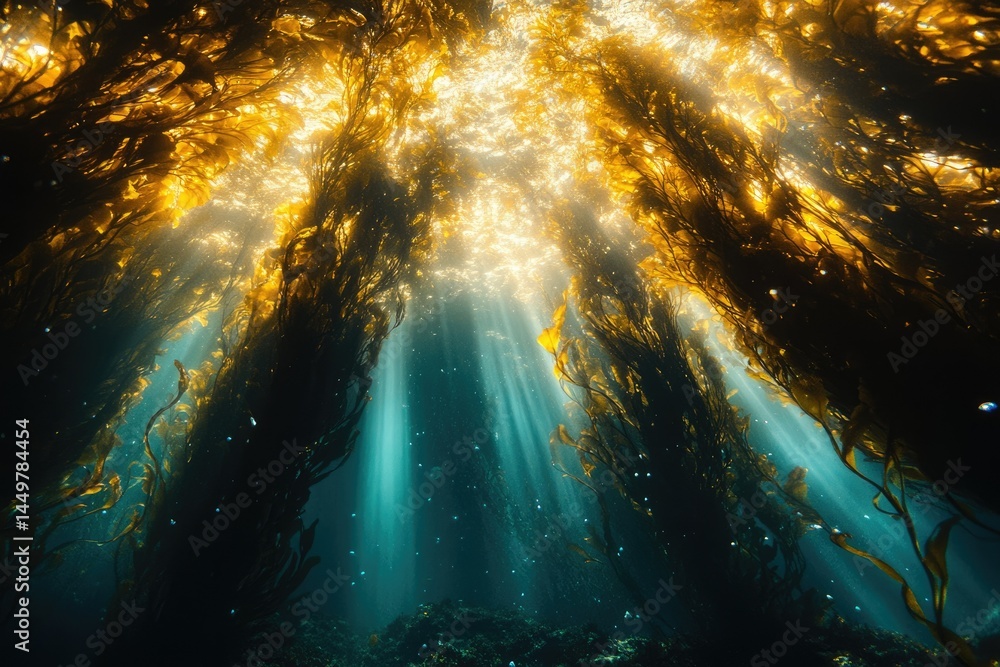 Poster sunbeams illuminate a dense kelp forest, creating a magical underwater scene.