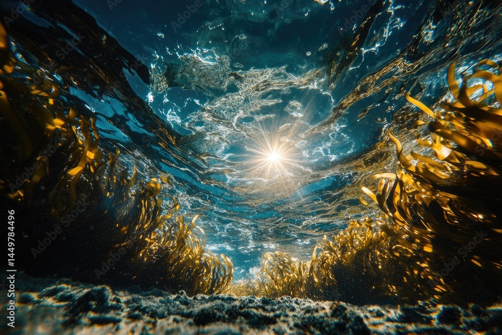 Poster sunlight penetrates the ocean, illuminating golden kelp forest on the seabed.