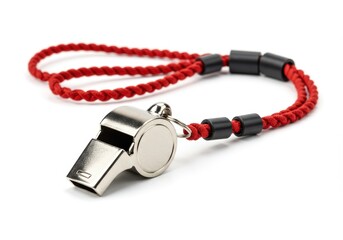 Metal Whistle with Red Rope Lanyard Closeup Studio Shot Game Tool Sport Coach Sound Image Alert