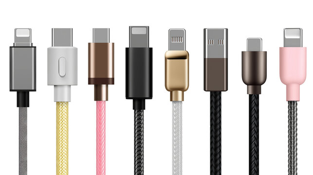 collection of modern charging cables with range of different connectors  isolated on white transparent background
