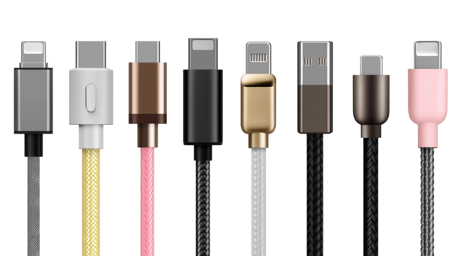 collection of modern charging cables with range of different connectors  isolated on white transparent background