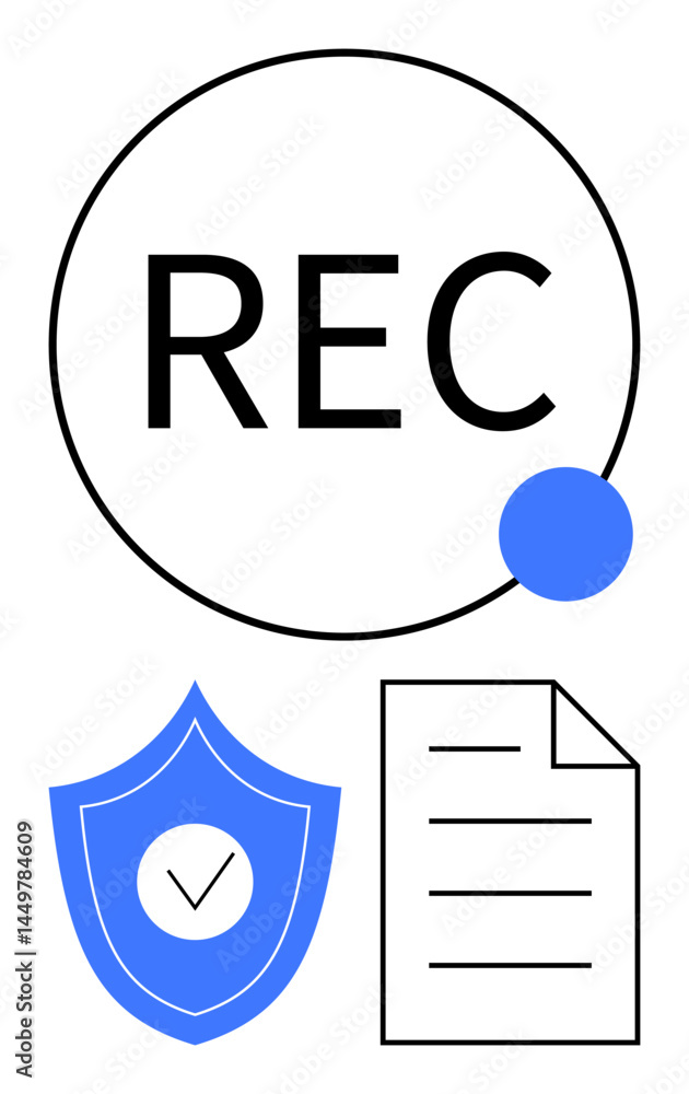 Poster large rec button with dot represents recording, shield symbolizes security, and a document represent