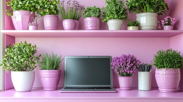Shelved plants frame a laptop, light & airy - Powered by Adobe