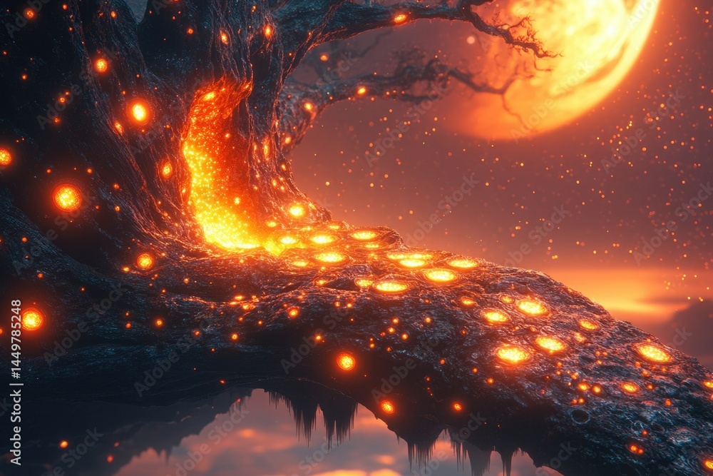 Aufkleber Glowing lava flows through a dark, alien tree under a fiery red moon, creating a surreal and otherworldly landscape.