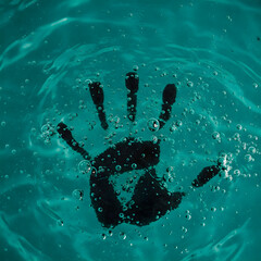 Colorful handprint pattern on blue background with water effect