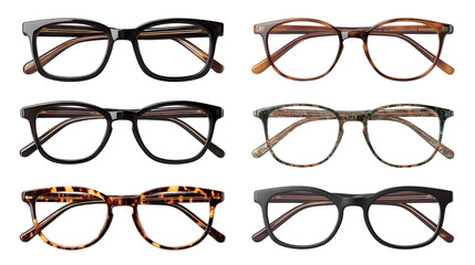  collection of various eyeglasses designs  isolated on white transparent background