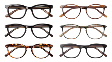  collection of various eyeglasses designs  isolated on white transparent background