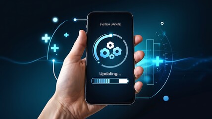 Hand Holding Phone Showing System Update Process Technology Background Progress Bar Indicating Installing New Software Version Of Mobile Operating System Concept