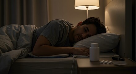 Obraz premium Man sleeping in bed with medication for insomnia or sleep apnea at night for better sleep quality