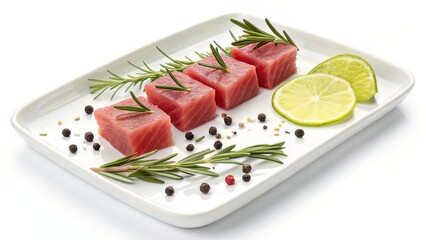 White ceramic plate showcasing tuna sashimi cubes with rosemary sprigs, lime slices, and black pepper