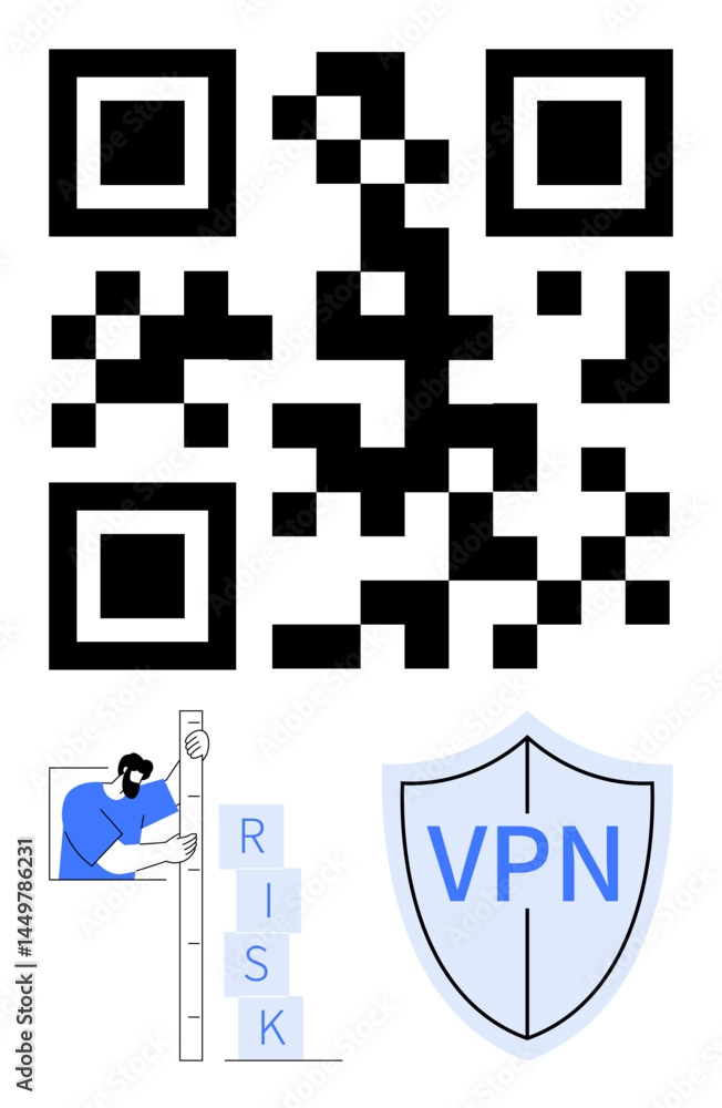 Poster qr code centered above a figure assessing risk levels with blocks and a shield labeled vpn. ideal fo