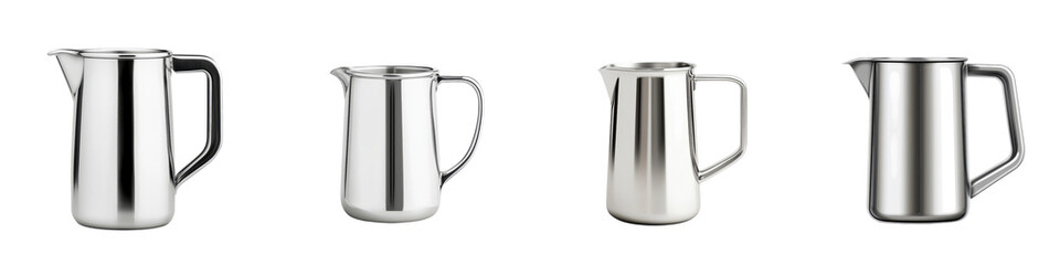 Metallic pitchers and jugs made of stainless steel.