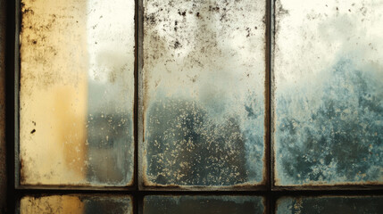 Filthy and dusty residue visible on glass window background