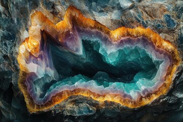 A mesmerizing geode reveals vibrant layers of amethyst, teal, and golden calcite crystals, a breathtaking natural formation.