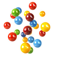 Fototapeta premium Vibrant, colorful spheres in a dynamic, scattered cluster. Various shades of red, orange, yellow, green, blue, and purple spheres are suspended in a three-dimensional arrangement