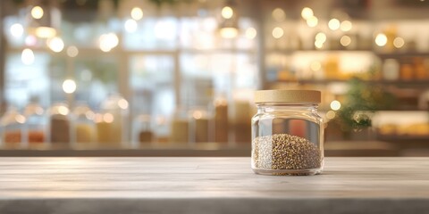 a glass jar of salt and spices on a table 