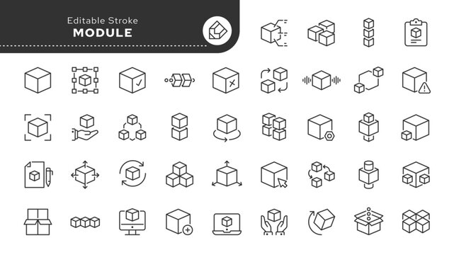 Module line icon set. Cube, box, geometric shape, model, block, product. Outline vector icon in linear style. Series of pictograms