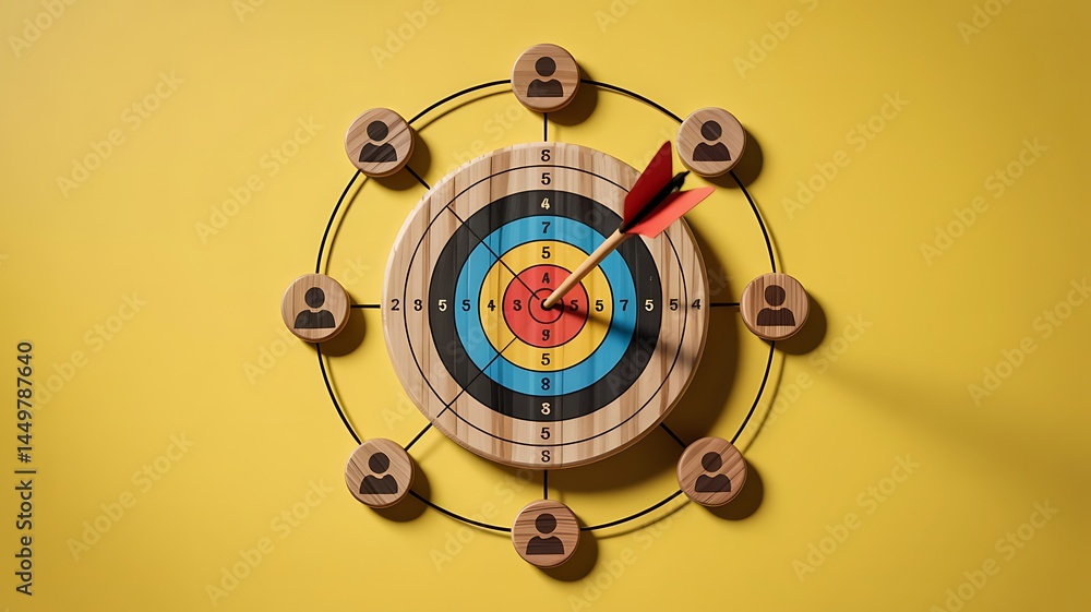 Poster target audience conceptual illustration with dart in bullseye on yellow background person icons surr