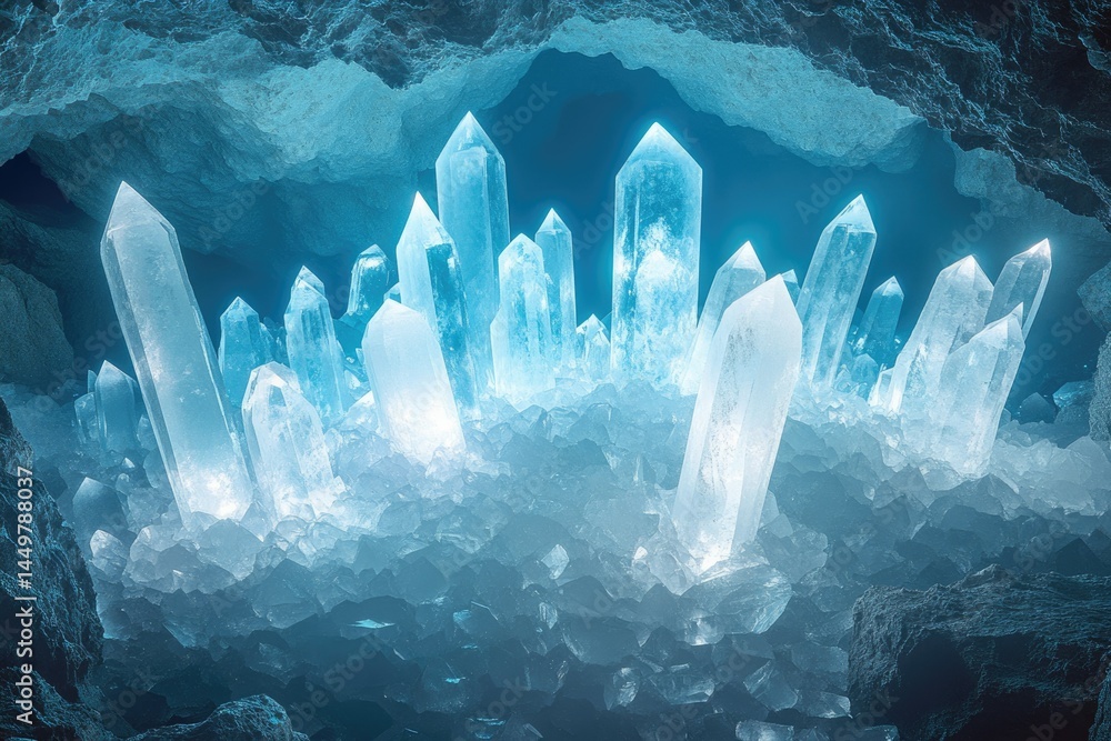 Poster a breathtaking view of a cavern filled with luminous, crystalline structures, glowing with an ethere