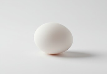Single white egg casting a soft shadow on a clean, minimalist white surface in a studio setting