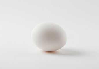 A single white egg sits on a blank white surface, casting a soft shadow in the bright studio light