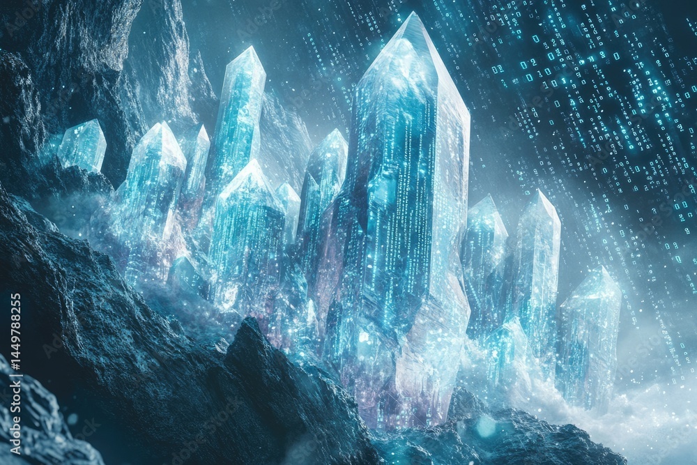 Poster crystalline city embedded with digital code emerges from a frozen landscape, a futuristic scene.