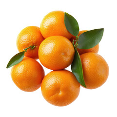 Fresh, vibrant oranges arranged in a cluster, with leaves.  Close-up view of the citrus fruits