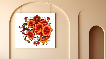 Hanging Floral Art on Beige Wall
Red and Orange Flower Illustration
Elegant Floral Canvas Print
Bohemian Style Flower Art
Warm Tone Floral Wall Decor
Detailed Floral Arrangement Art
Decorative Flower 