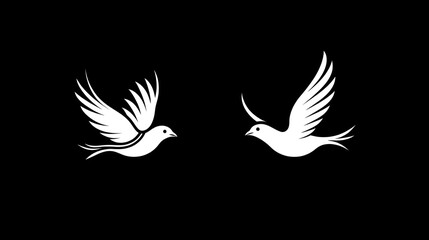 Obraz premium Two white doves flying in silhouette on black background. Suitable for peace, hope, or spirituality stock imagery