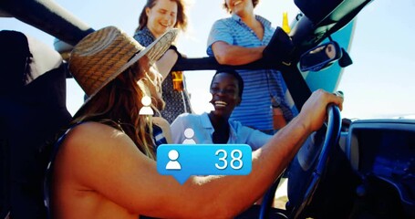 friends riding convertible under bright sun, holding straw hat, displaying animated travel icons - Powered by Adobe