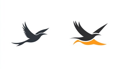 Obraz premium Two stylized silhouettes of a bird in flight, one black, one black with orange trailing effect. Possible use Logo design