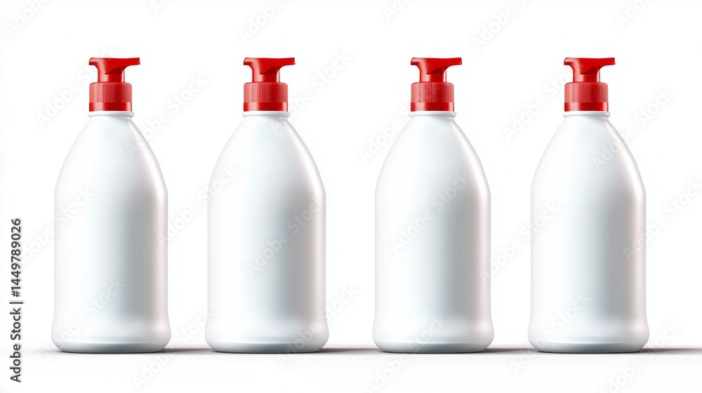 Poster closeup of three redcapped bottles and one white bottle with red cap on a minimalist background