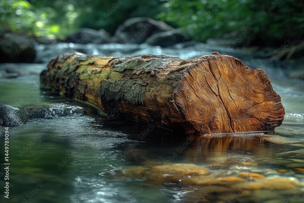 Poster a weathered log rests serenely in a flowing stream, surrounded by lush greenery.