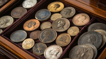 Antique Coin Collection In Wooden Box