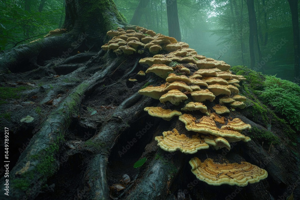 Poster a breathtaking view of numerous mushrooms thriving on the exposed roots of a large tree in a misty f