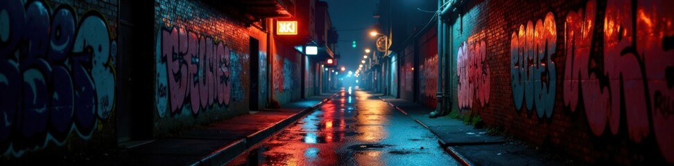 Dark alleyway with city lights reflecting off wet pavement and graffiti covered walls, urban, urban decay, dark mood