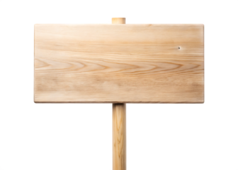 Clean white background with a plain wooden sign standing upright isolated on white background. PNG