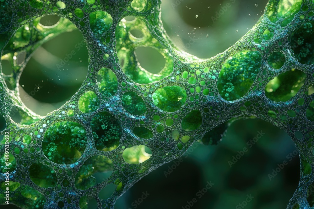 Poster Abstract microscopic image showcasing a complex, porous, green structure resembling a cellular network.