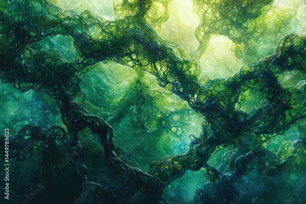 Poster intricate underwater kelp forest, vibrant greens and blues, sunlight filtering through, creating a m