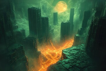 A dystopian city engulfed in a green fog, with fiery lava flowing through its ruined streets under a large orange moon.