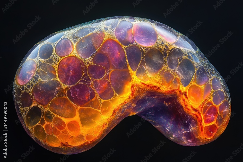 Aufkleber abstract image depicting a vibrant, biomorphic form with interconnected, glowing cells resembling a 