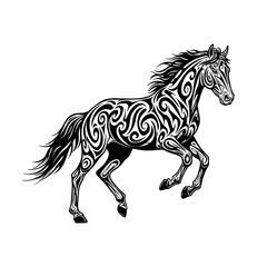 Obraz premium Majestic Tribal Horse Design Galloping with Intricate Swirls on Transparent Background